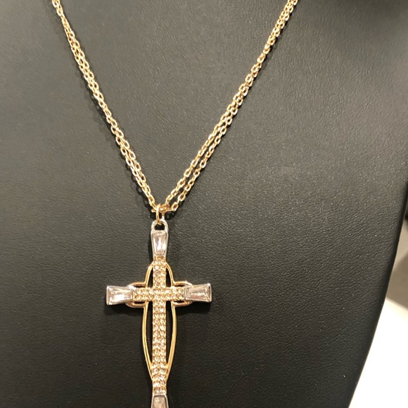 Cross Necklace Yellow White Gold Overlay - Picture 5 of 9